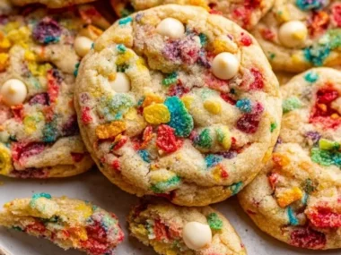 Batch of colorful Fruity Pebbles Cookies on a cooling rack
