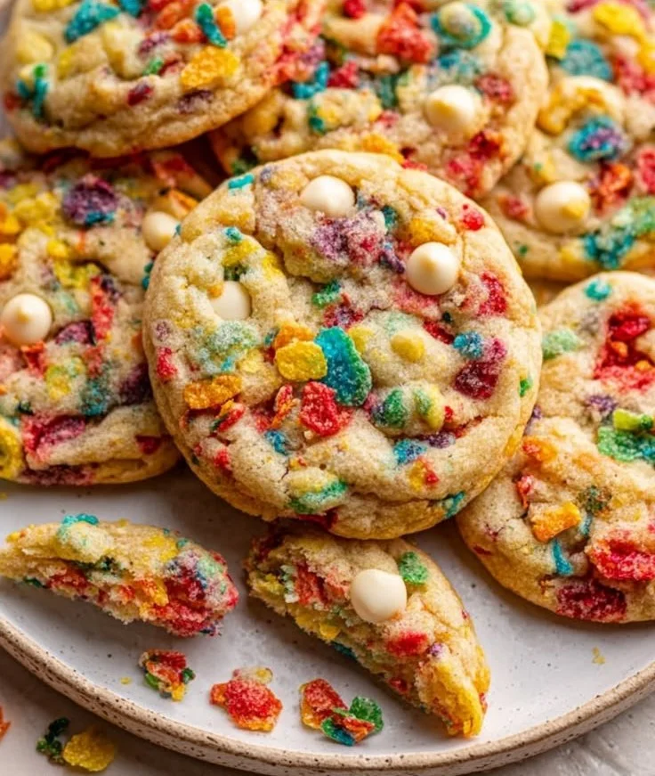 Batch of colorful Fruity Pebbles Cookies on a cooling rack