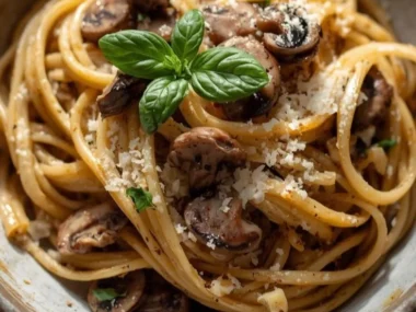 Delicious Garlic Mushroom Pasta garnished with parsley and parmesan cheese