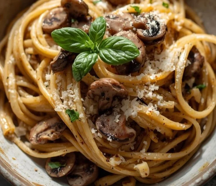 Delicious Garlic Mushroom Pasta garnished with parsley and parmesan cheese