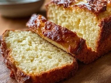 Gluten-free yogurt bread loaf, freshly baked and served on a wooden cutting board.