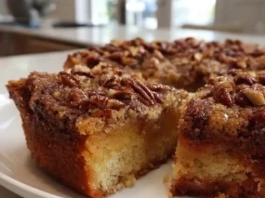 Slice of gooey butter pecan cake with pecans on top and a fork beside it.