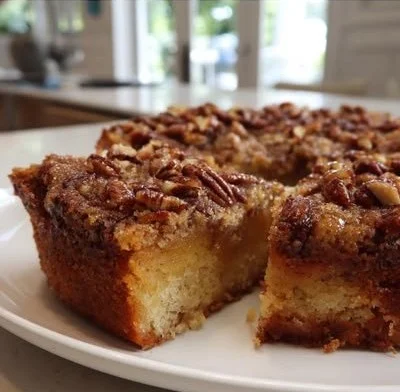 Slice of gooey butter pecan cake with pecans on top and a fork beside it.