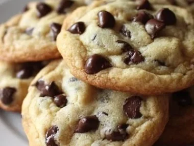 Freshly baked gooey chocolate chip cookies that look delicious.