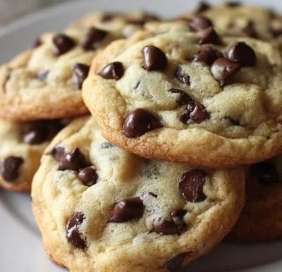 Freshly baked gooey chocolate chip cookies that look delicious.