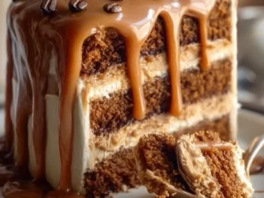 Delicious gooey coffee caramel cake with rich coffee flavor and creamy caramel topping