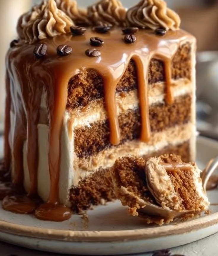 Delicious gooey coffee caramel cake with rich coffee flavor and creamy caramel topping