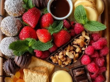 Gourmet dessert board featuring an array of chocolates, fruits, and pastries.