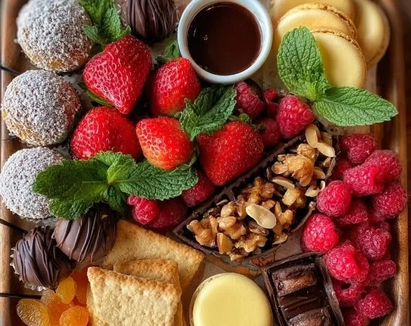 Gourmet dessert board featuring an array of chocolates, fruits, and pastries.
