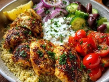 Delicious Greek Chicken Bowls with fresh vegetables and herbs