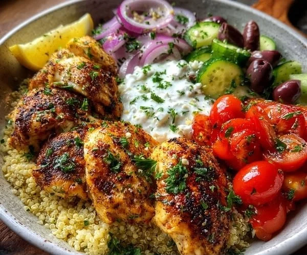 Delicious Greek Chicken Bowls with fresh vegetables and herbs