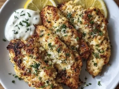 Juicy Greek Chicken Tenders garnished with herbs and lemon