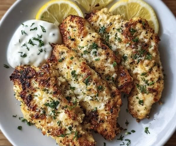Juicy Greek Chicken Tenders garnished with herbs and lemon