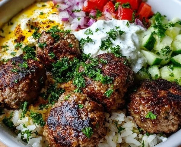 Delicious Greek meatball bowl with veggies and sauce