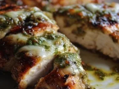 Grilled salsa verde chicken topped with pepper jack cheese on a platter.