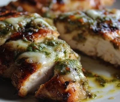 Grilled salsa verde chicken topped with pepper jack cheese on a platter.