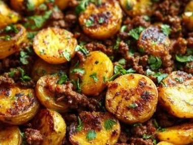 Ground Beef and Potatoes Skillet dish served in a frying pan