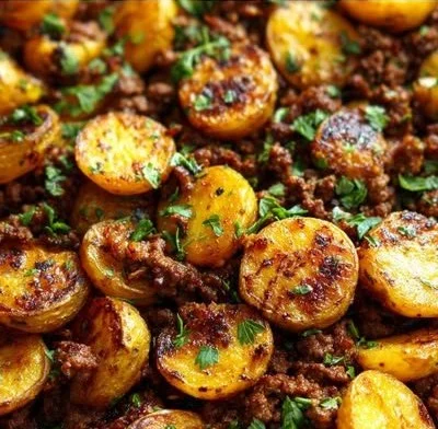 Ground Beef and Potatoes Skillet dish served in a frying pan