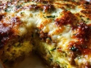 Ground turkey zucchini casserole topped with cheese in a baking dish