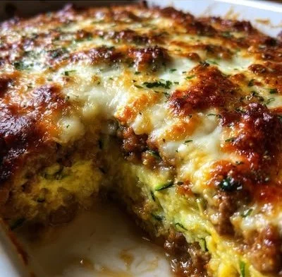 Ground turkey zucchini casserole topped with cheese in a baking dish