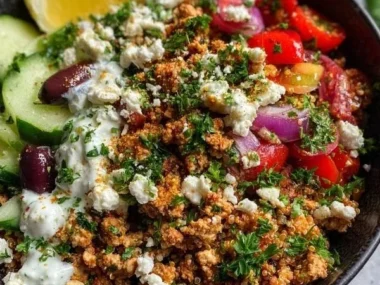 Healthy Greek ground chicken bowl topped with fresh vegetables and feta cheese