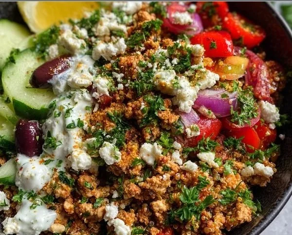 Healthy Greek ground chicken bowl topped with fresh vegetables and feta cheese