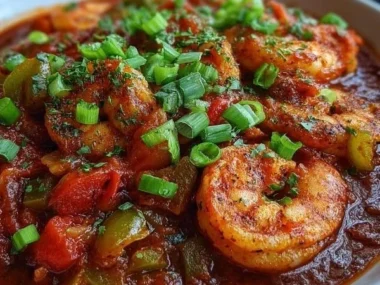 Bowl of hearty slow-simmered spicy shrimp creole with colorful vegetables