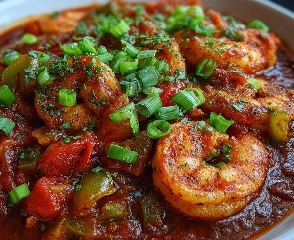 Bowl of hearty slow-simmered spicy shrimp creole with colorful vegetables