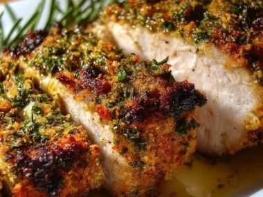 Beautifully roasted herb-crusted pork loin garnished with fresh herbs