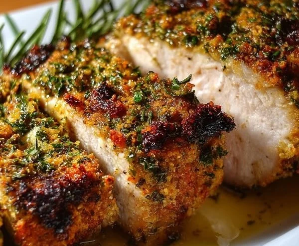 Beautifully roasted herb-crusted pork loin garnished with fresh herbs