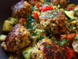Herbed chicken meatball bowl served with fresh herbs and vegetables.
