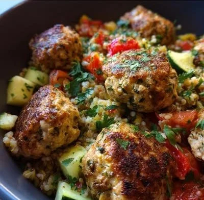 Herbed chicken meatball bowl served with fresh herbs and vegetables.