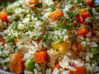 Bowl of herbed vegetable rice with vibrant vegetables and herbs