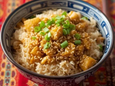Delicious high protein Asian chicken fried rice served in a bowl