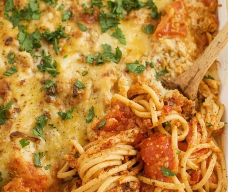 High protein baked spaghetti casserole topped with cheese and herbs