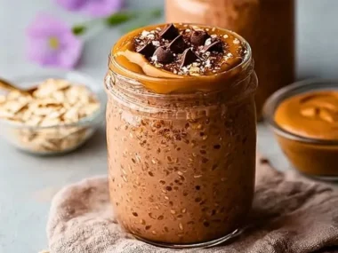 High protein chocolate peanut butter overnight oats in a bowl