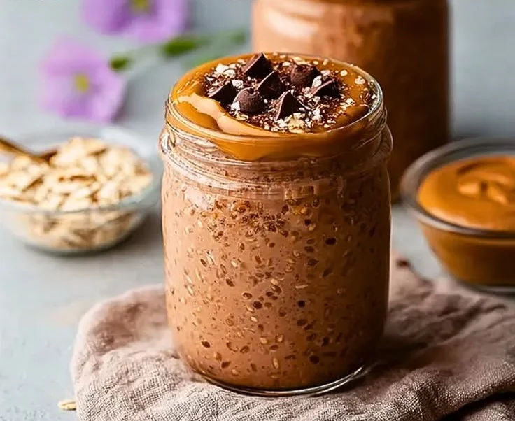 High protein chocolate peanut butter overnight oats in a bowl