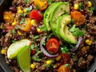High protein ground beef power bowls with fresh vegetables and grains