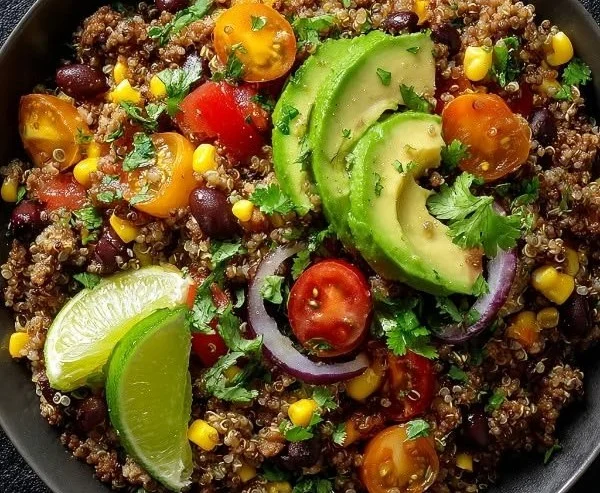 High protein ground beef power bowls with fresh vegetables and grains