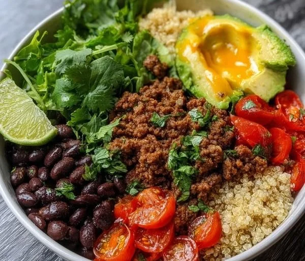 High protein ground beef power bowls with fresh vegetables and grains
