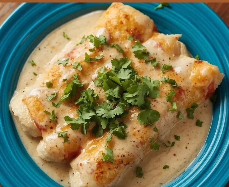 High protein white sauce chicken enchiladas in a creamy white sauce