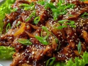 Plate of homemade Chicken Bulgogi served with vegetables and rice