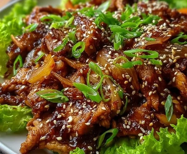 Plate of homemade Chicken Bulgogi served with vegetables and rice