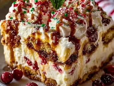 Homemade Christmas cookie lasagna layered with festive flavors and textures.