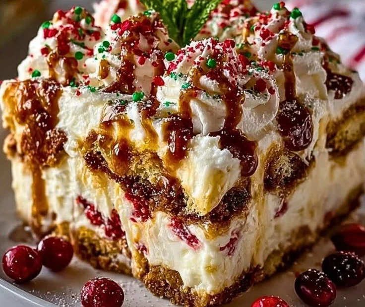 Homemade Christmas cookie lasagna layered with festive flavors and textures.