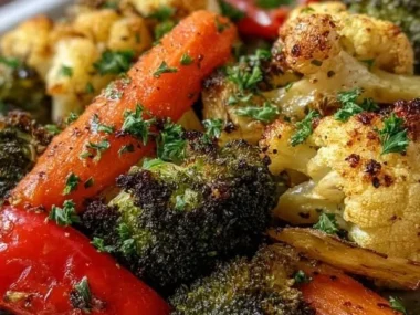 Plate of honey garlic roasted vegetables including carrots, bell peppers, and broccoli