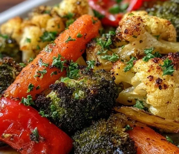 Plate of honey garlic roasted vegetables including carrots, bell peppers, and broccoli