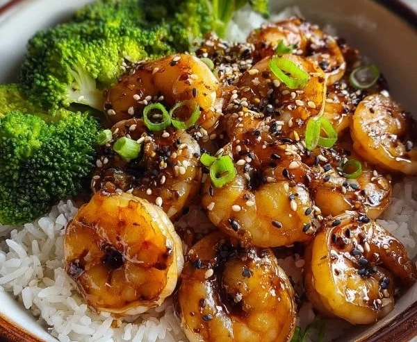 Delicious Honey Garlic Shrimp Bowl with vibrant vegetables and rice