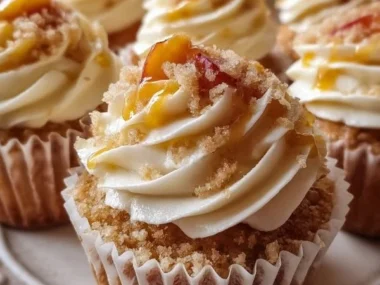 Delicious Honey Peach Cream Cheese Cupcakes topped with peach slices