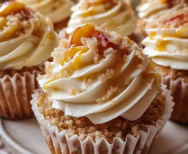 Delicious Honey Peach Cream Cheese Cupcakes topped with peach slices